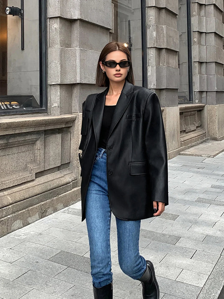 Louisa | Blazer élégant oversize long en simili cuir pour femme