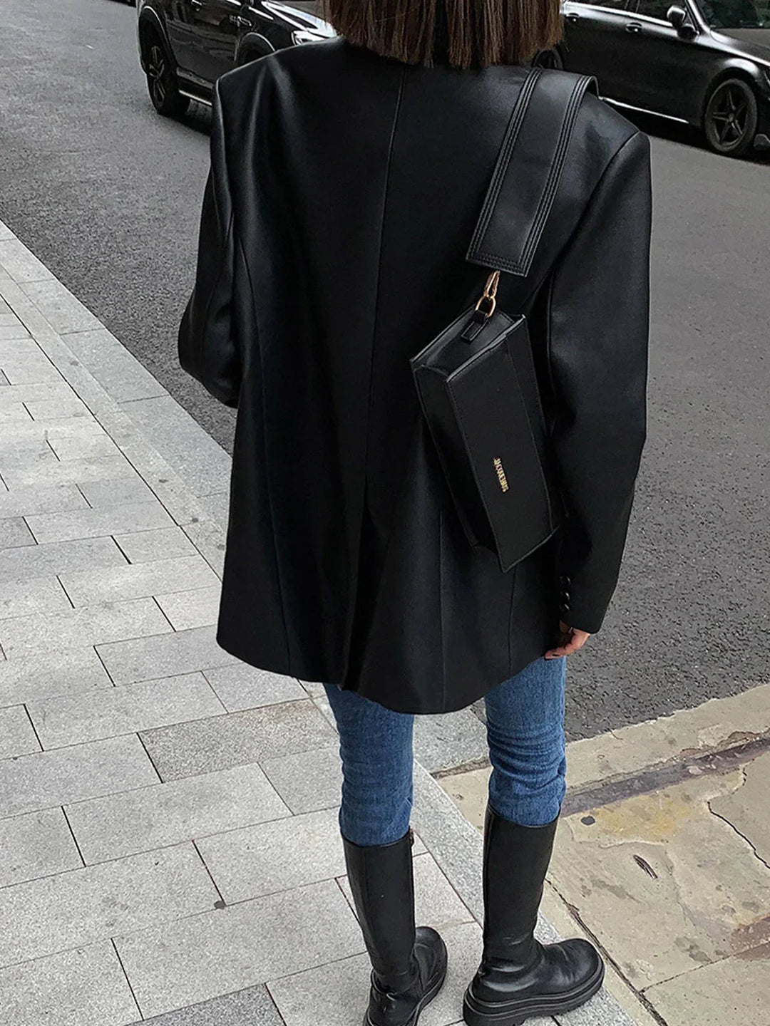 Louisa | Blazer élégant oversize long en simili cuir pour femme