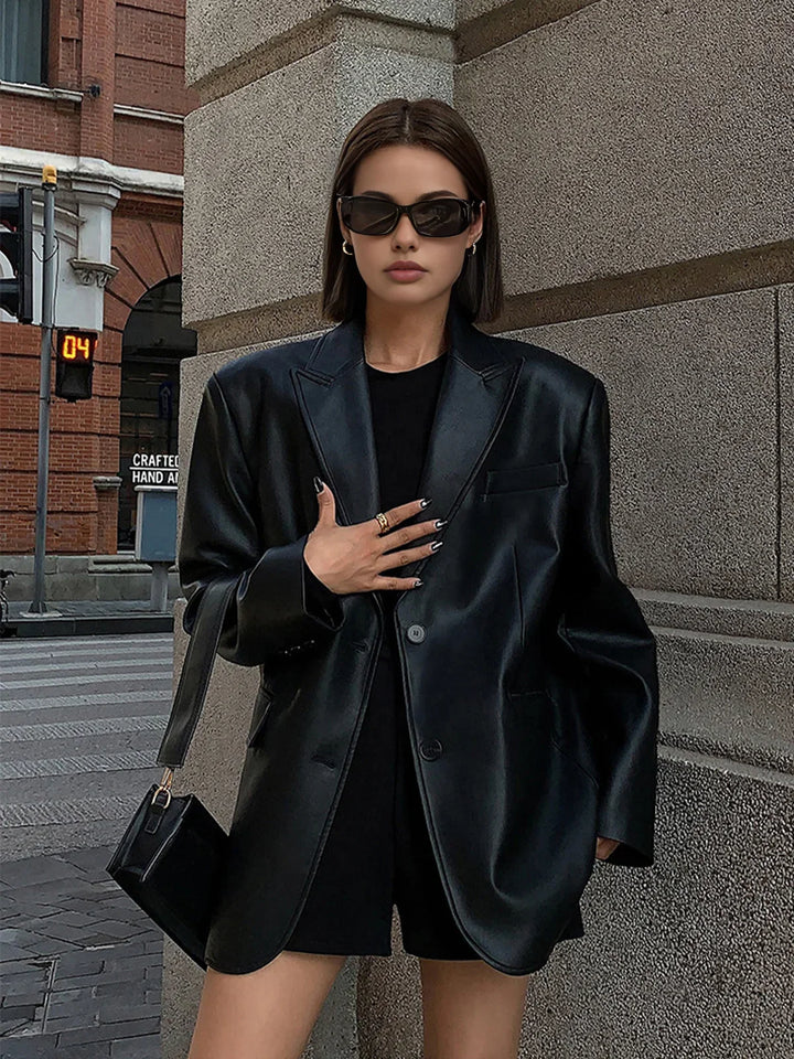 Louisa | Blazer élégant oversize long en simili cuir pour femme