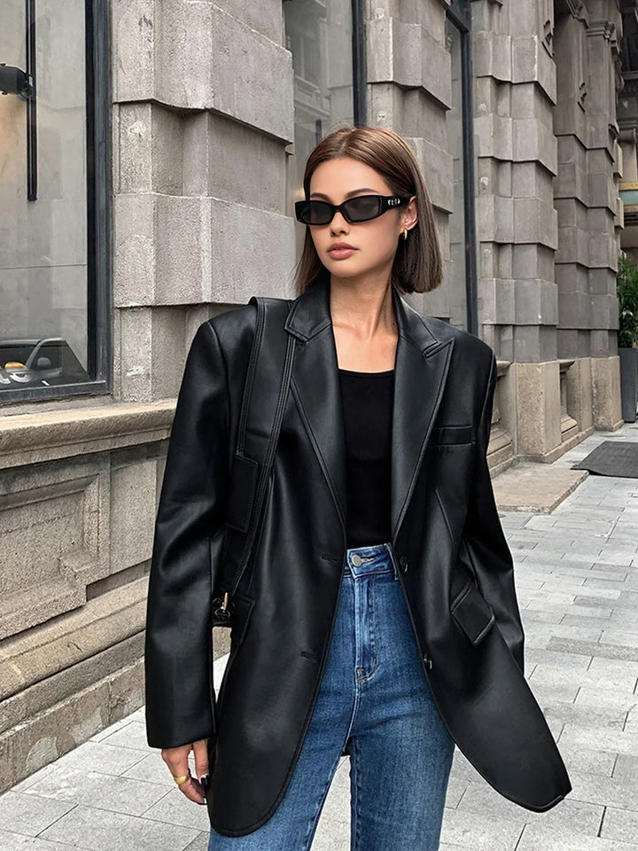 Louisa | Blazer élégant oversize long en simili cuir pour femme
