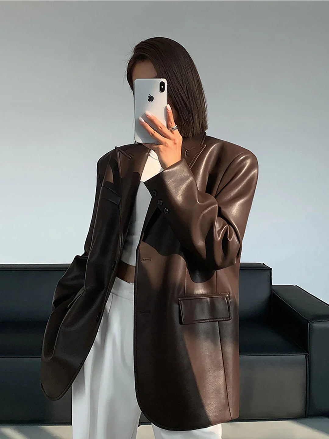 Louisa | Blazer élégant oversize long en simili cuir pour femme