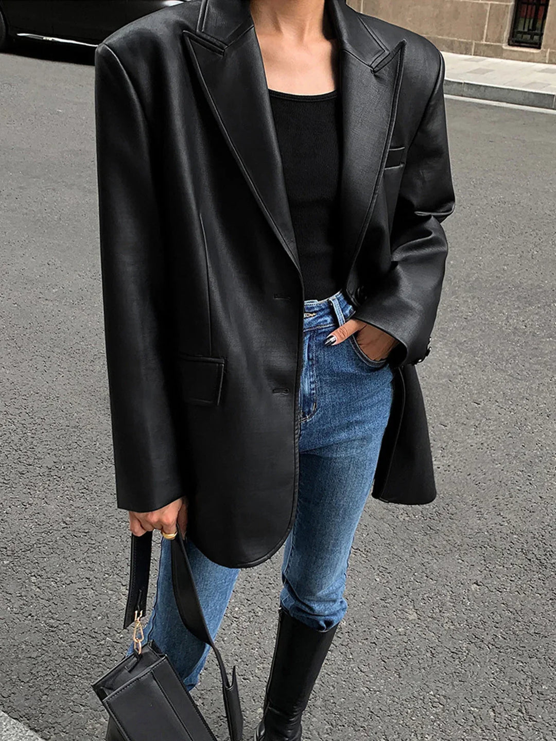 Louisa | Blazer élégant oversize long en simili cuir pour femme