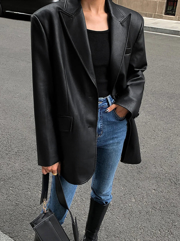 Louisa | Blazer élégant oversize long en simili cuir pour femme