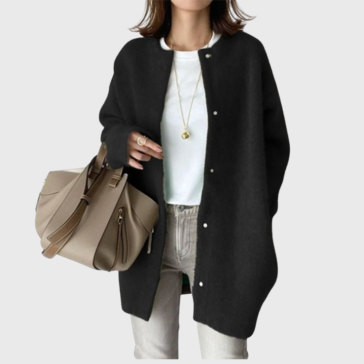 Alicia | Cardigan élégant long en maille à col rond pour femme