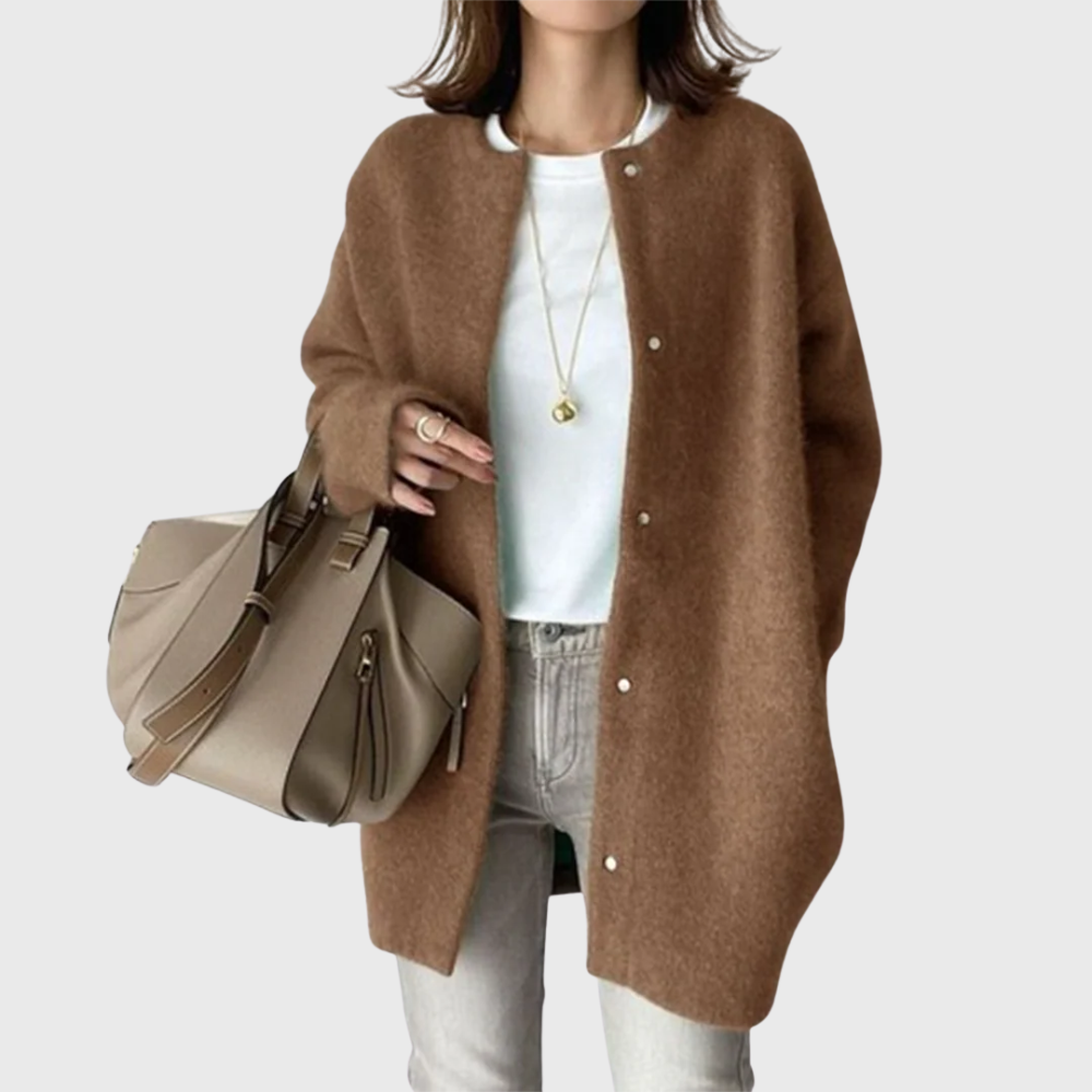 Alicia | Cardigan élégant long en maille à col rond pour femme