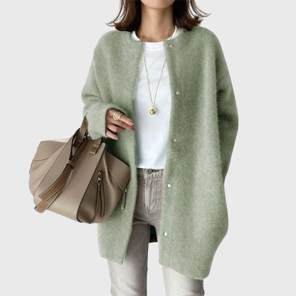 Alicia | Cardigan élégant long en maille à col rond pour femme