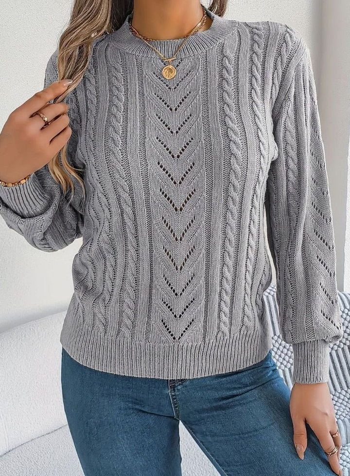 Sabria | Pull chic en maille torsadée à col rond et motif ajouré pour femme