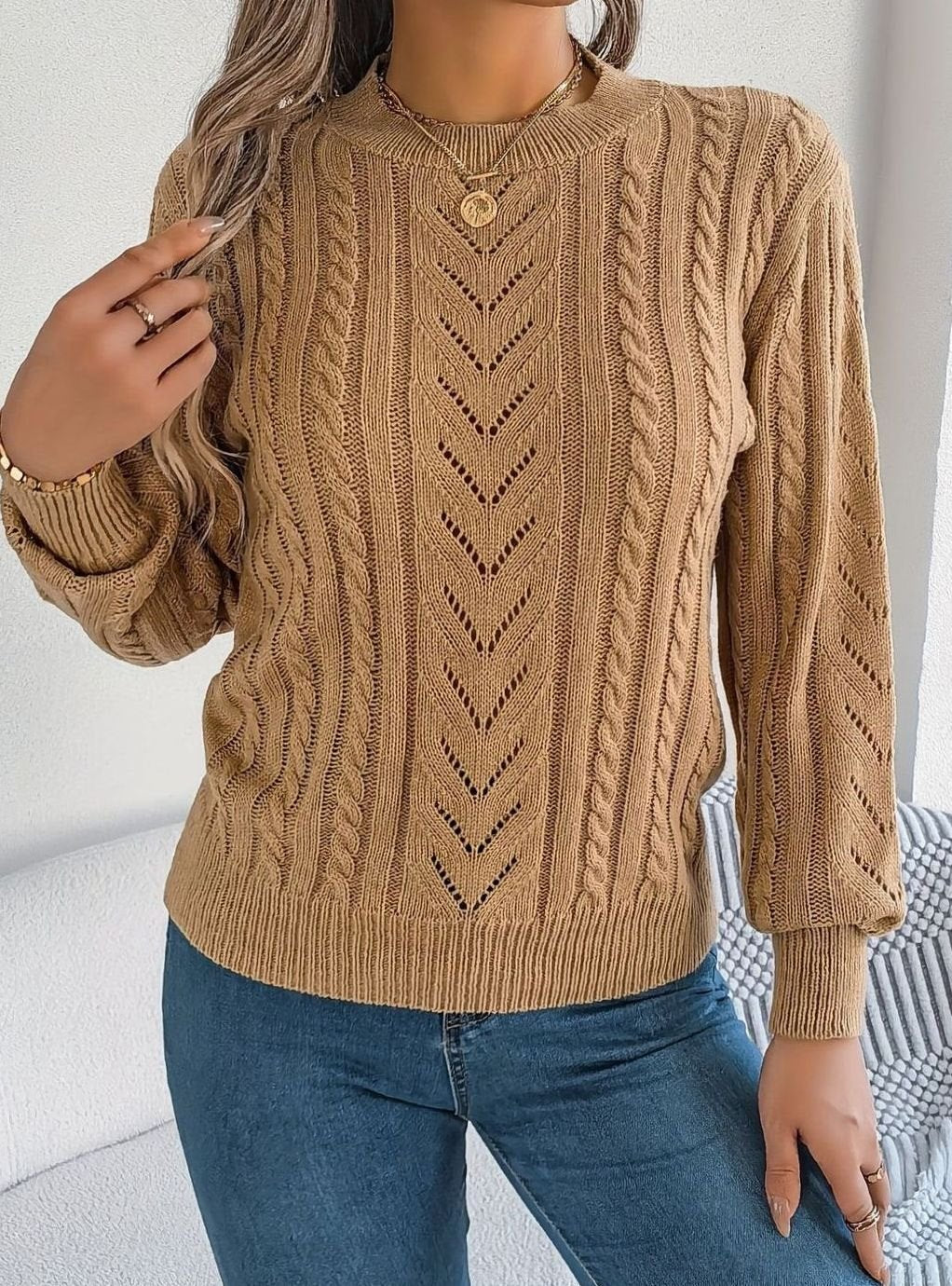 Sabria | Pull chic en maille torsadée à col rond et motif ajouré pour femme