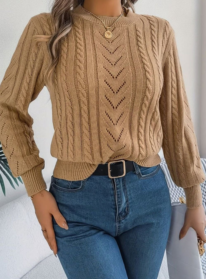 Sabria | Pull chic en maille torsadée à col rond et motif ajouré pour femme