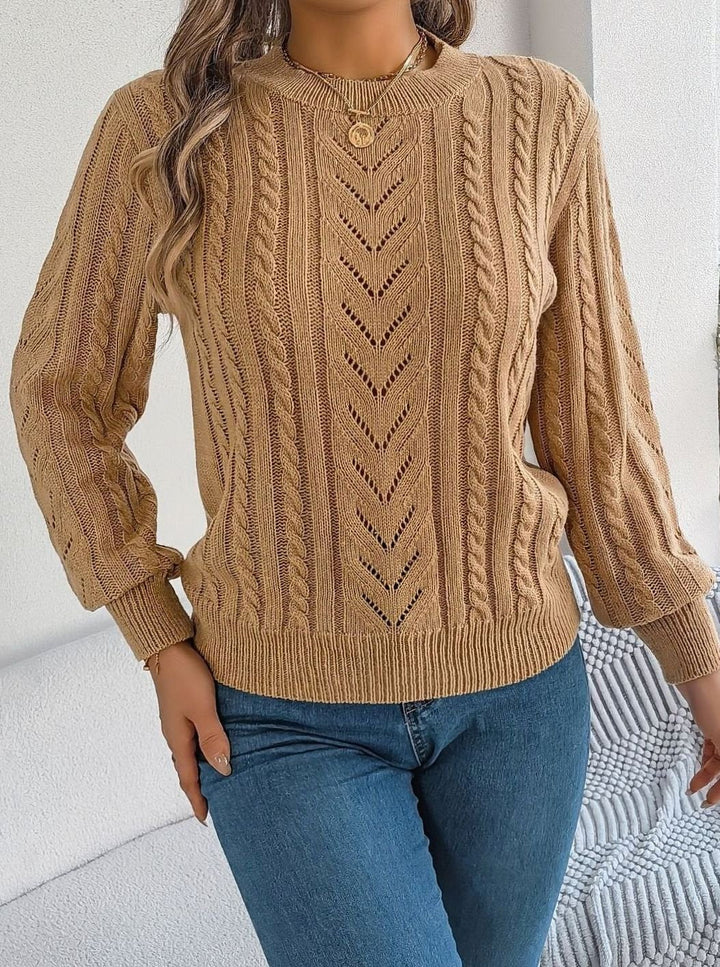 Sabria | Pull chic en maille torsadée à col rond et motif ajouré pour femme