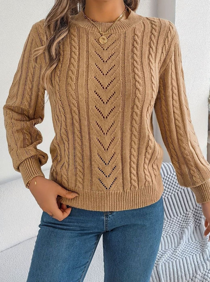 Sabria | Pull chic en maille torsadée à col rond et motif ajouré pour femme