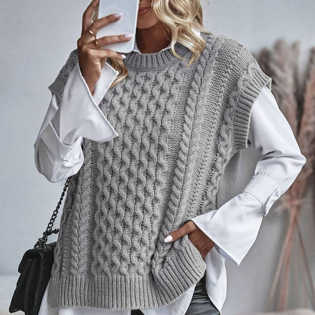 Bleuenn | Gilet chic sans manches en grosse maille torsadée à col montant pour femme