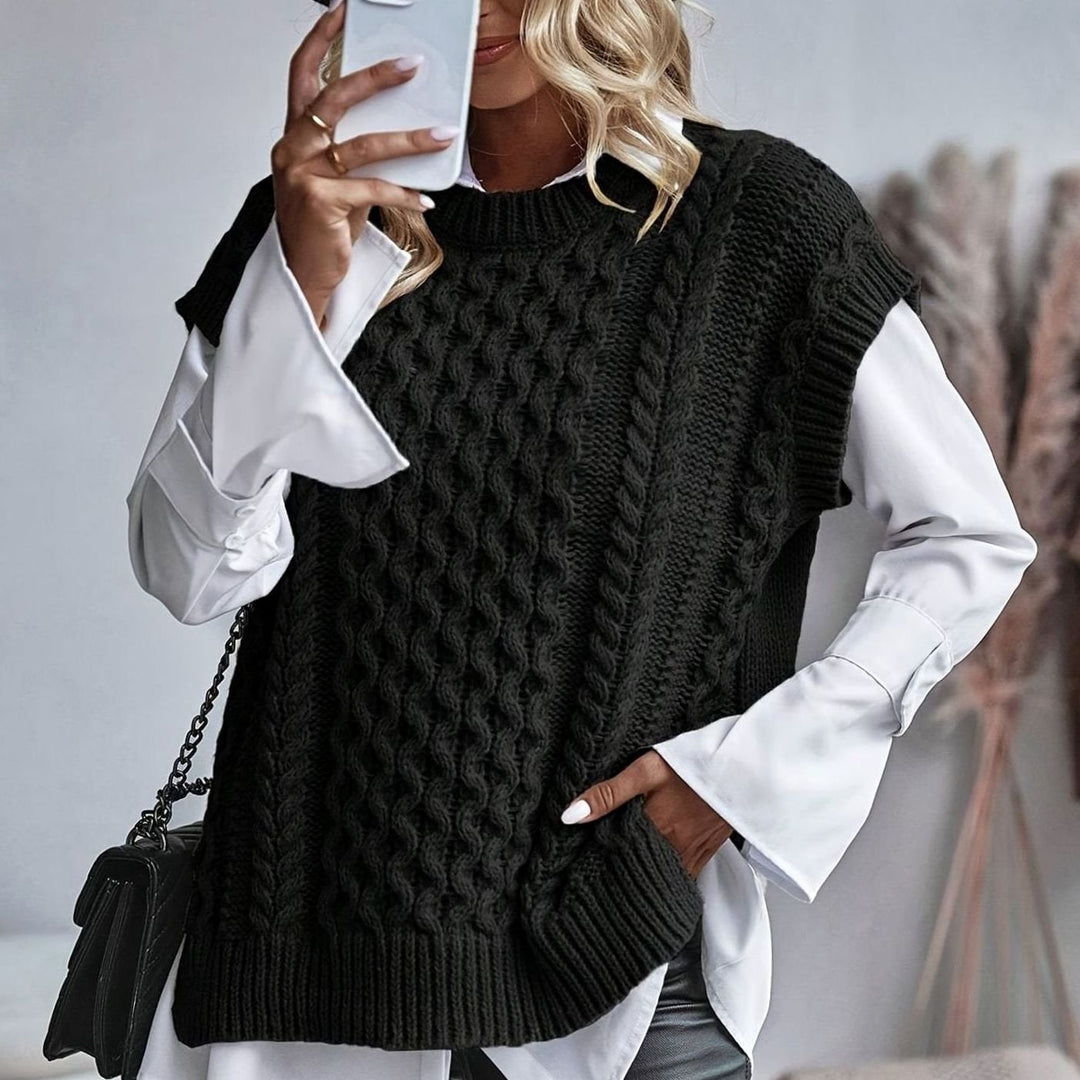 Bleuenn | Gilet chic sans manches en grosse maille torsadée à col montant pour femme