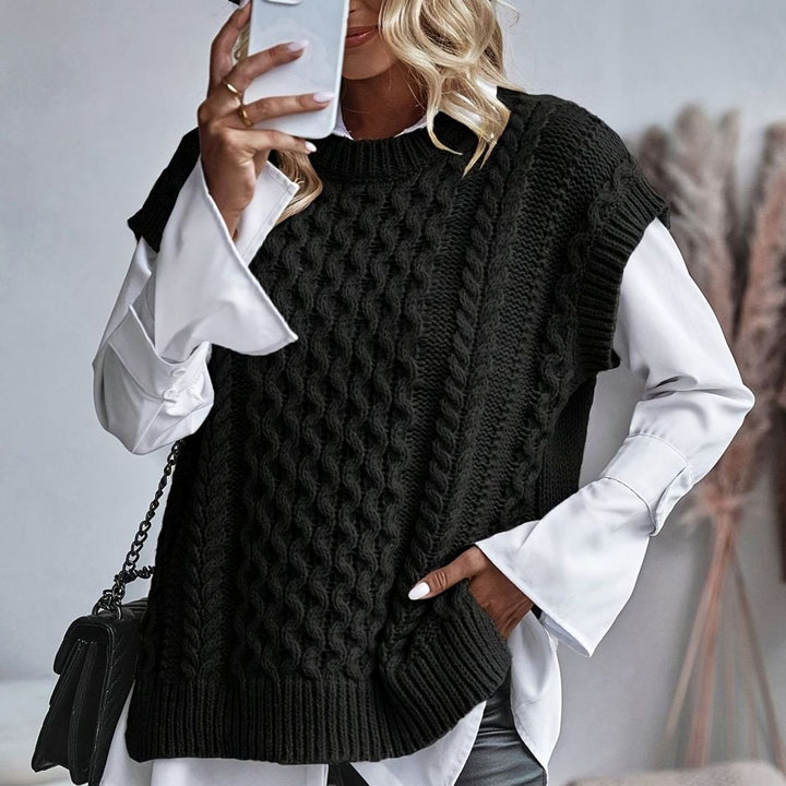 Bleuenn | Gilet chic sans manches en grosse maille torsadée à col montant pour femme