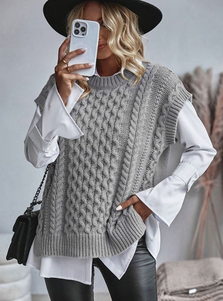 Bleuenn | Gilet chic sans manches en grosse maille torsadée à col montant pour femme