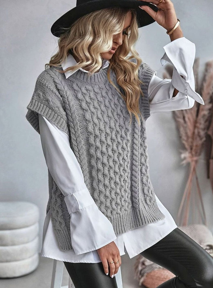 Bleuenn | Gilet chic sans manches en grosse maille torsadée à col montant pour femme