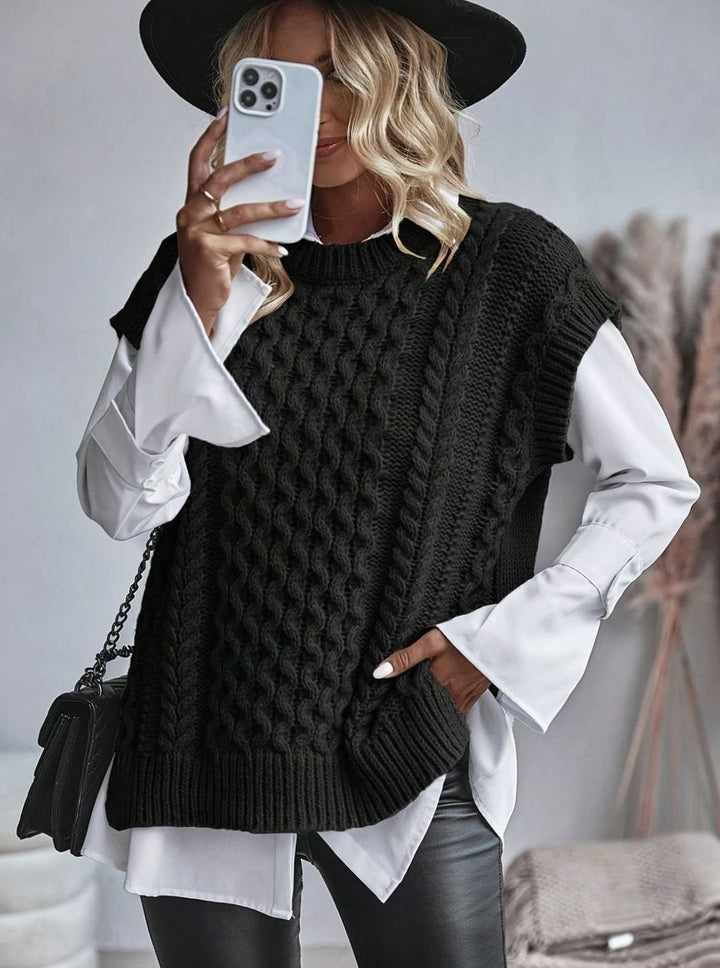Bleuenn | Gilet chic sans manches en grosse maille torsadée à col montant pour femme