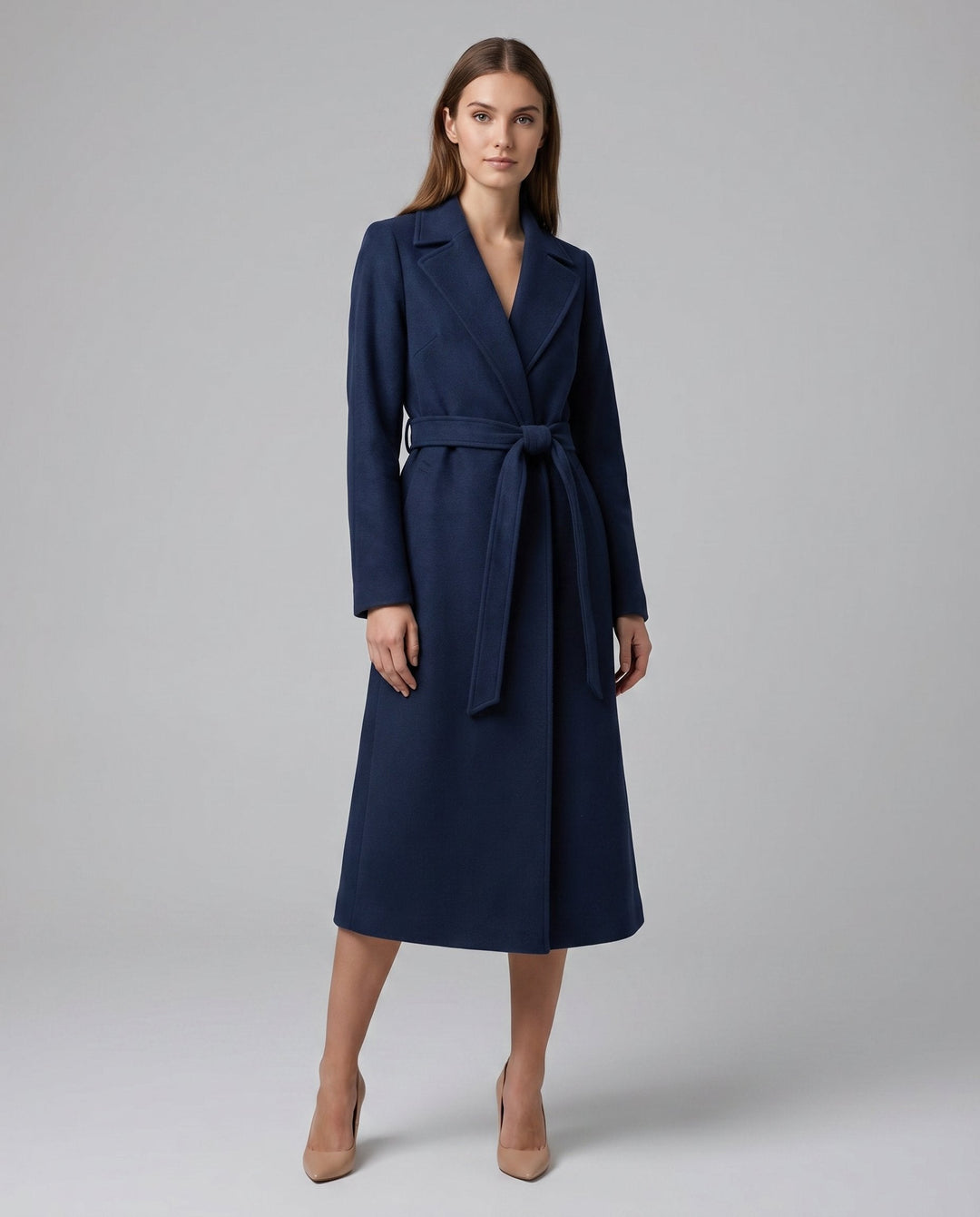 Guilaine | Trench bleu marine long et ceinturé en laine pour femme