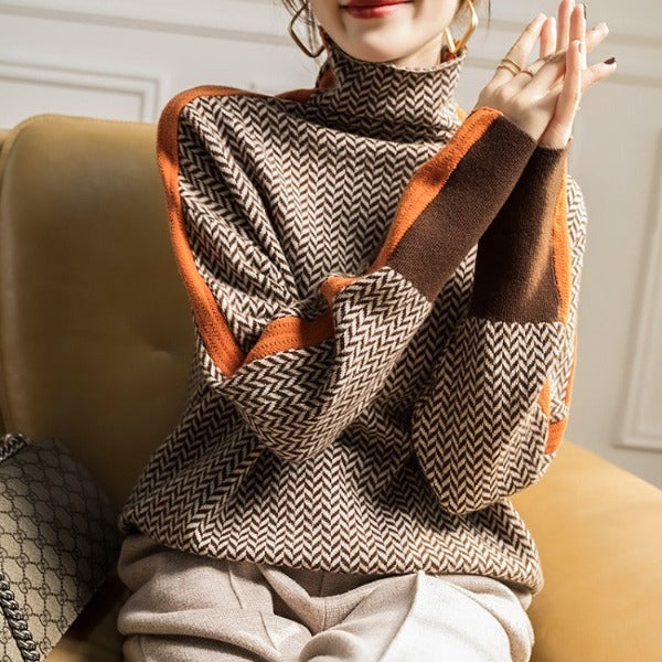 Léontine | Pull élégant col roulé à motif chevron pour femme