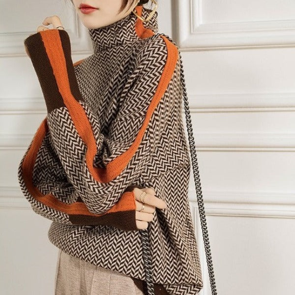 Léontine | Pull élégant col roulé à motif chevron pour femme